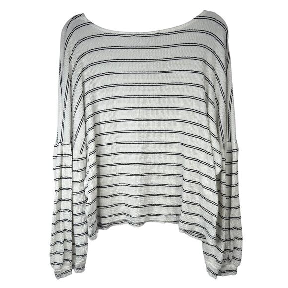 FRENCH CONNECTION Sz L Stripe Crinkle Knit Balloon Sleeve Coastal Minimalist Top - Picture 2 of 9